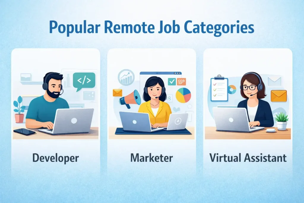 Popular remote job categories including developer, marketer, and virtual assistant