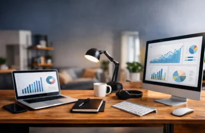 Remote job digital workspace setup with laptop and modern home office environment in USA