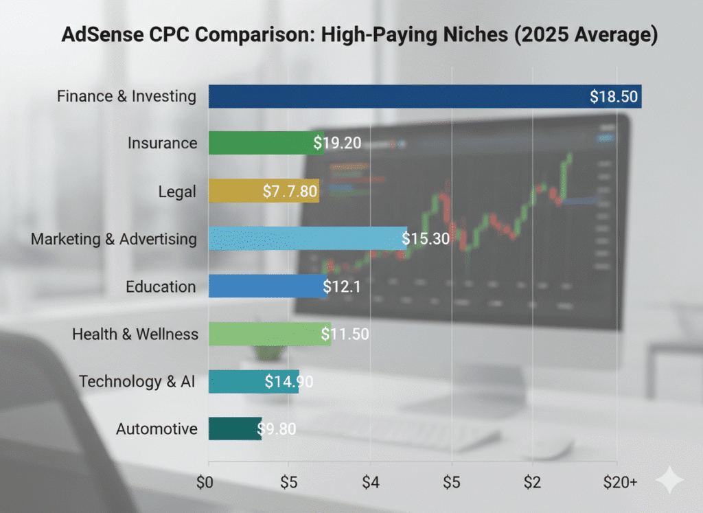 AdSense CPC comparison chart showing high paying niches 2025