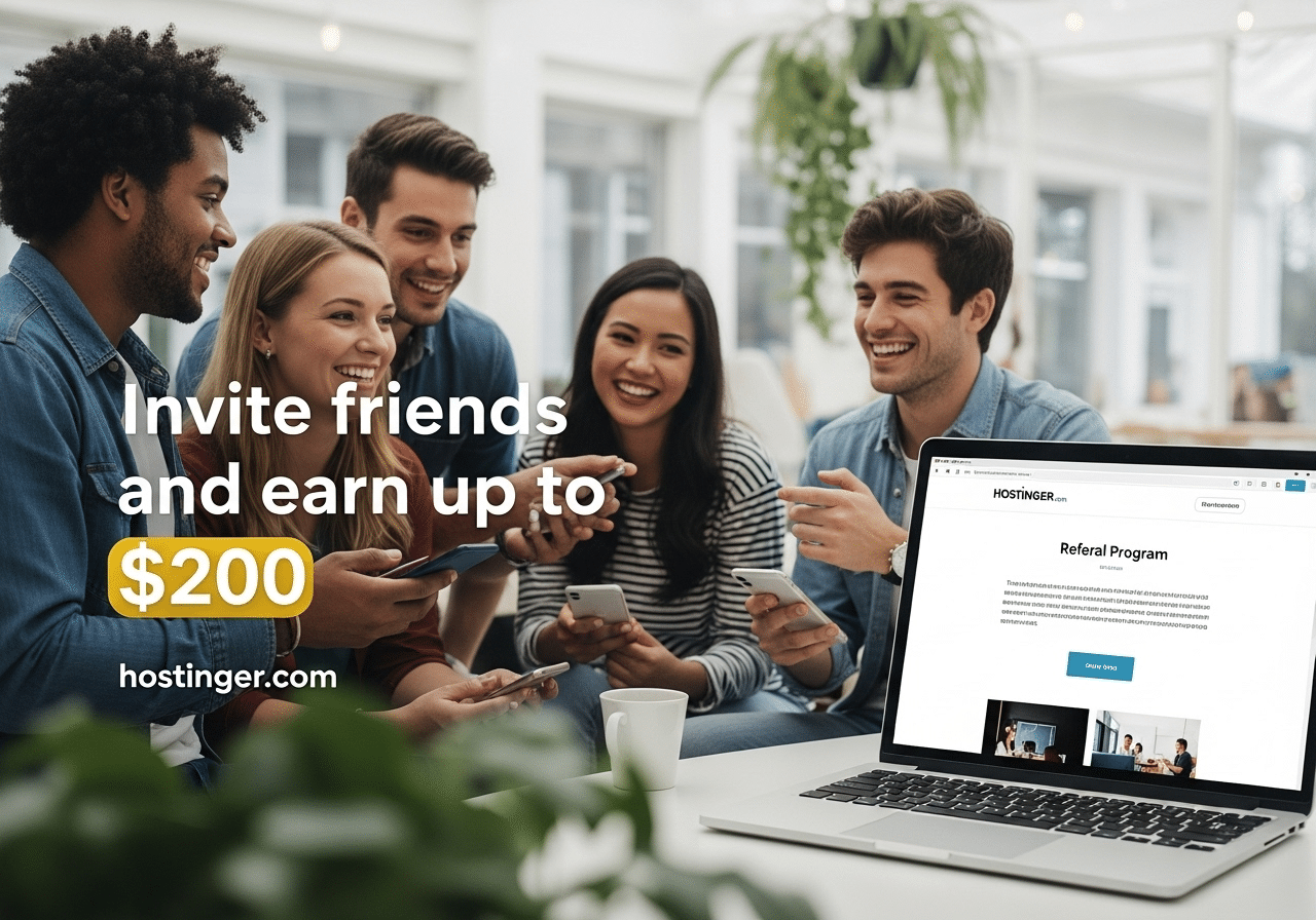 Hostinger referral program banner—invite friends and earn up to $200; group sharing link on phones and laptop.
