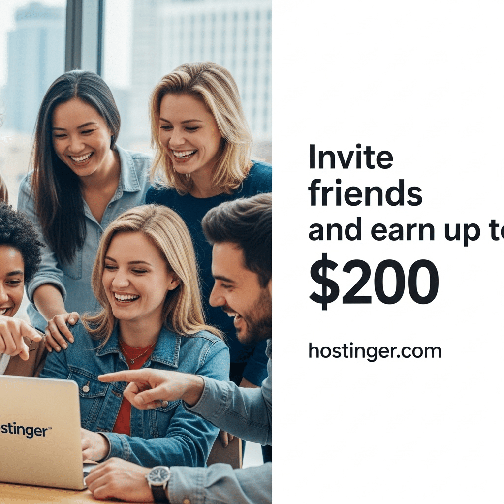 Hostinger “invite friends” offer showing $200 reward and referral program page on a laptop.