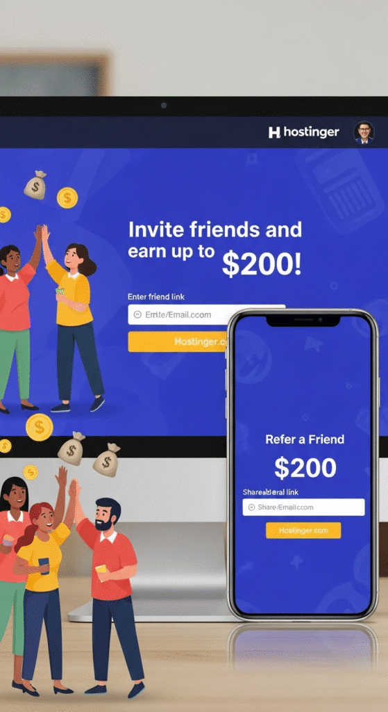 Hostinger referral marketing image—share your link, sign up, and get rewards up to $200.