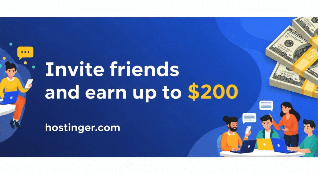 Invite friends and earn up to $200 with Hostinger—team viewing referral page on laptop and mobiles.