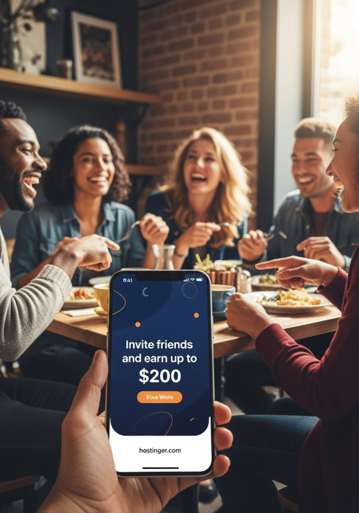 Group of friends using smartphones with Hostinger referral program—earn up to $200 promotion.