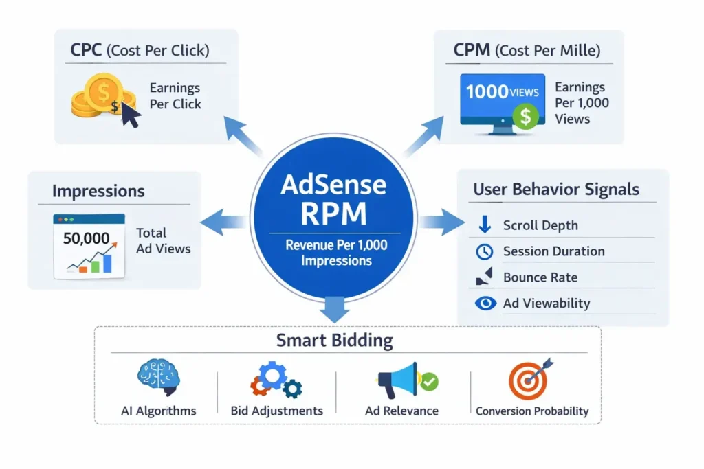 How Google calculates AdSense RPM in 2026 showing CPC