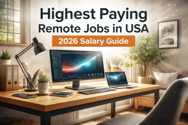 Highest paying remote jobs in USA 2026 salary guide with modern home office workspace setup