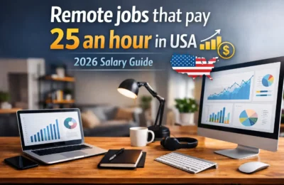 Remote jobs that pay 25 an hour in USA 2026 salary guide with modern home office workspace