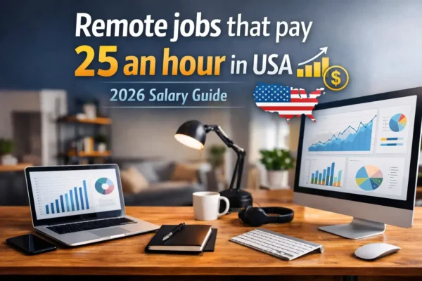 Remote jobs that pay 25 an hour in USA 2026 salary guide with modern home office workspace