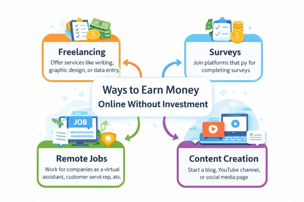 ways to earn money online without investment including freelancing surveys and remote jobs