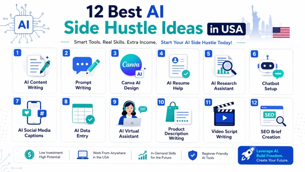 12 best AI side hustles in USA graphic with beginner-friendly AI income ideas