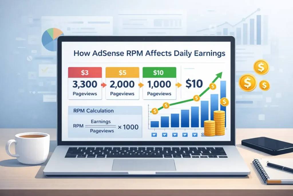 adsense income per day traffic rpm calculation chart