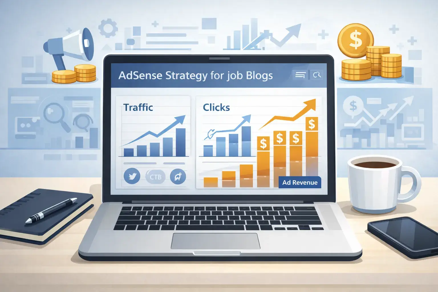 adsense strategy job blogs traffic clicks and ad revenue dashboard
