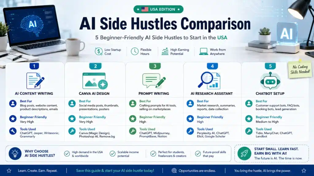 AI side hustles comparison infographic showing beginner-friendly AI side jobs in USA