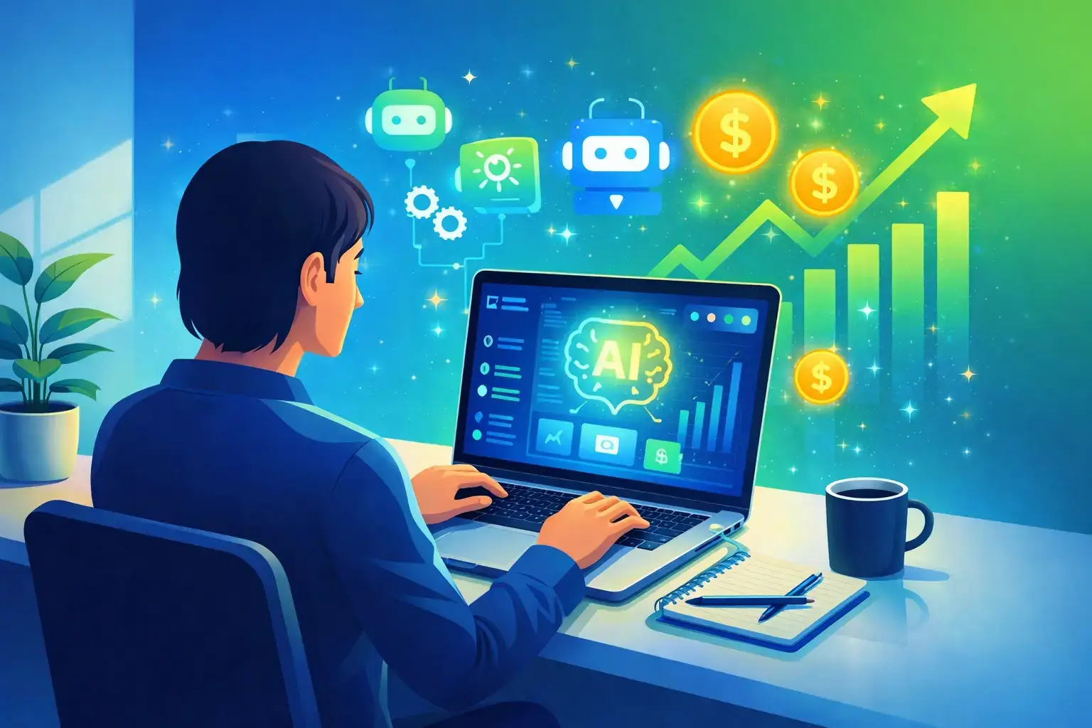 AI side hustles in USA using laptop and AI tools to generate online income