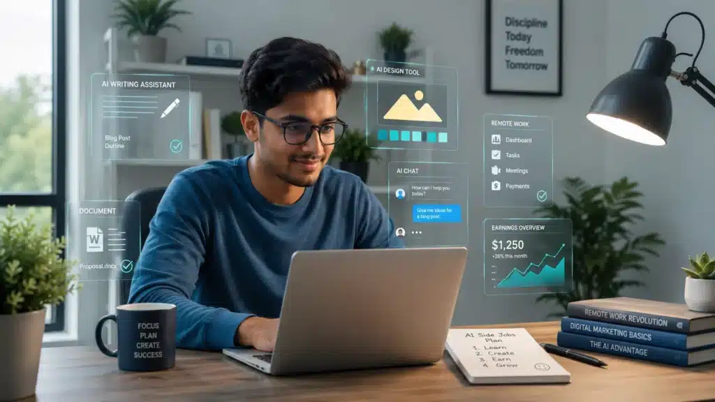 Beginner working from home on AI side jobs using a laptop and AI tools