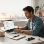 beginner freelancer working from home on laptop in USA home office setup