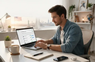 beginner freelancer working from home on laptop in USA home office setup