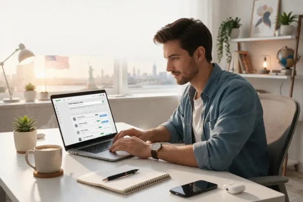 beginner freelancer working from home on laptop in USA home office setup