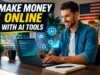 Make money online AI tools USA using laptop and automation dashboard showing income growth