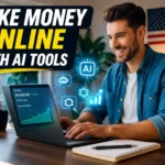 Make money online AI tools USA using laptop and automation dashboard showing income growth