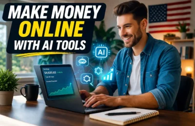 Make money online AI tools USA using laptop and automation dashboard showing income growth