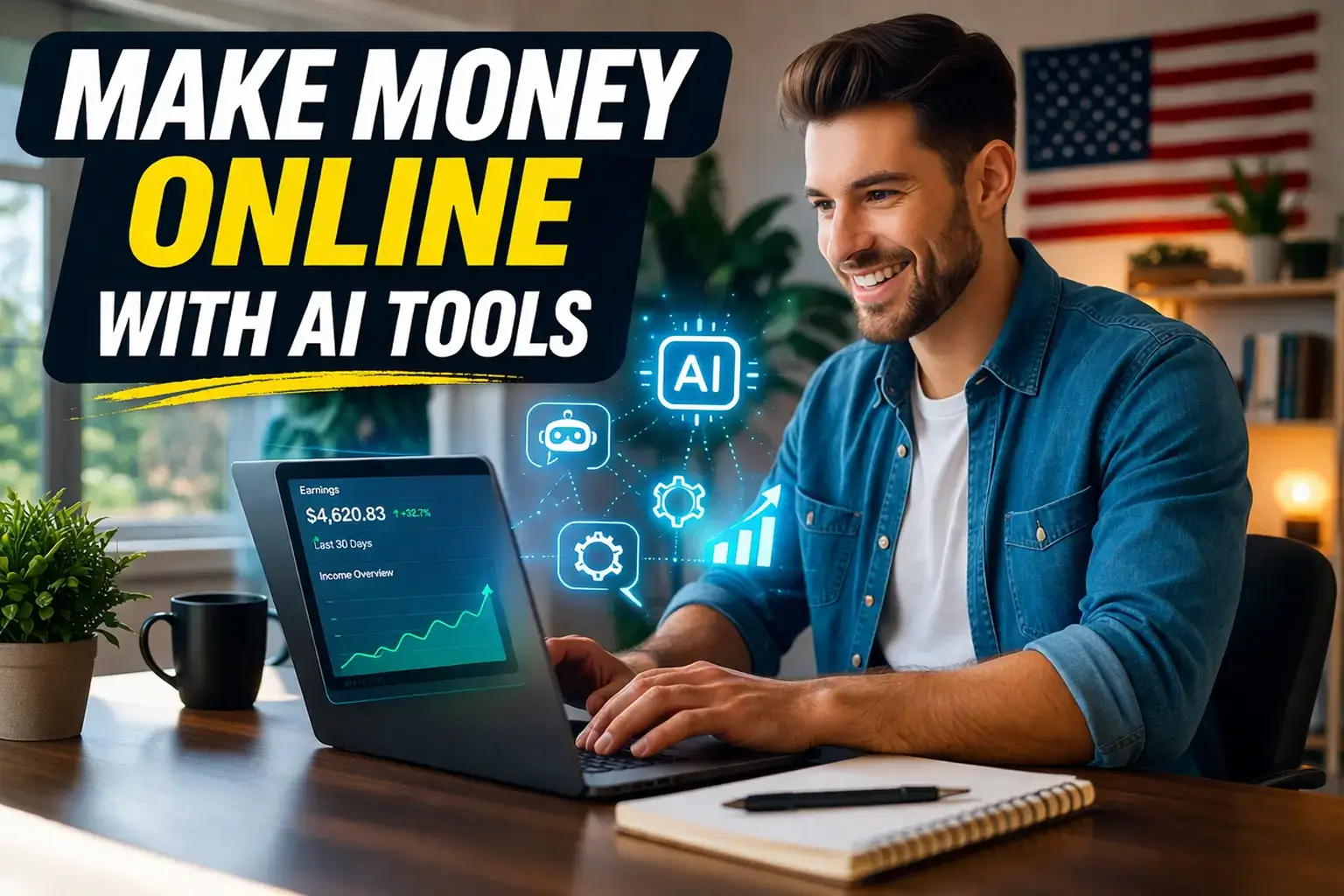 Make money online AI tools USA using laptop and automation dashboard showing income growth