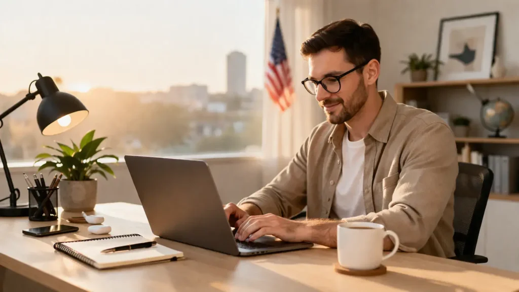 professional freelancer working remotely from home office USA laptop workspace