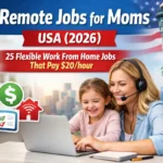 Remote jobs for moms USA 2026 showing a mother working from home with her child on a laptop