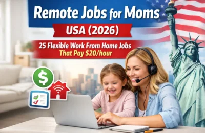 Remote jobs for moms USA 2026 showing a mother working from home with her child on a laptop