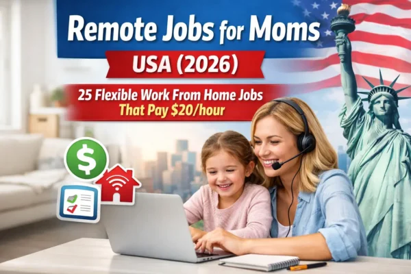 Remote jobs for moms USA 2026 showing a mother working from home with her child on a laptop