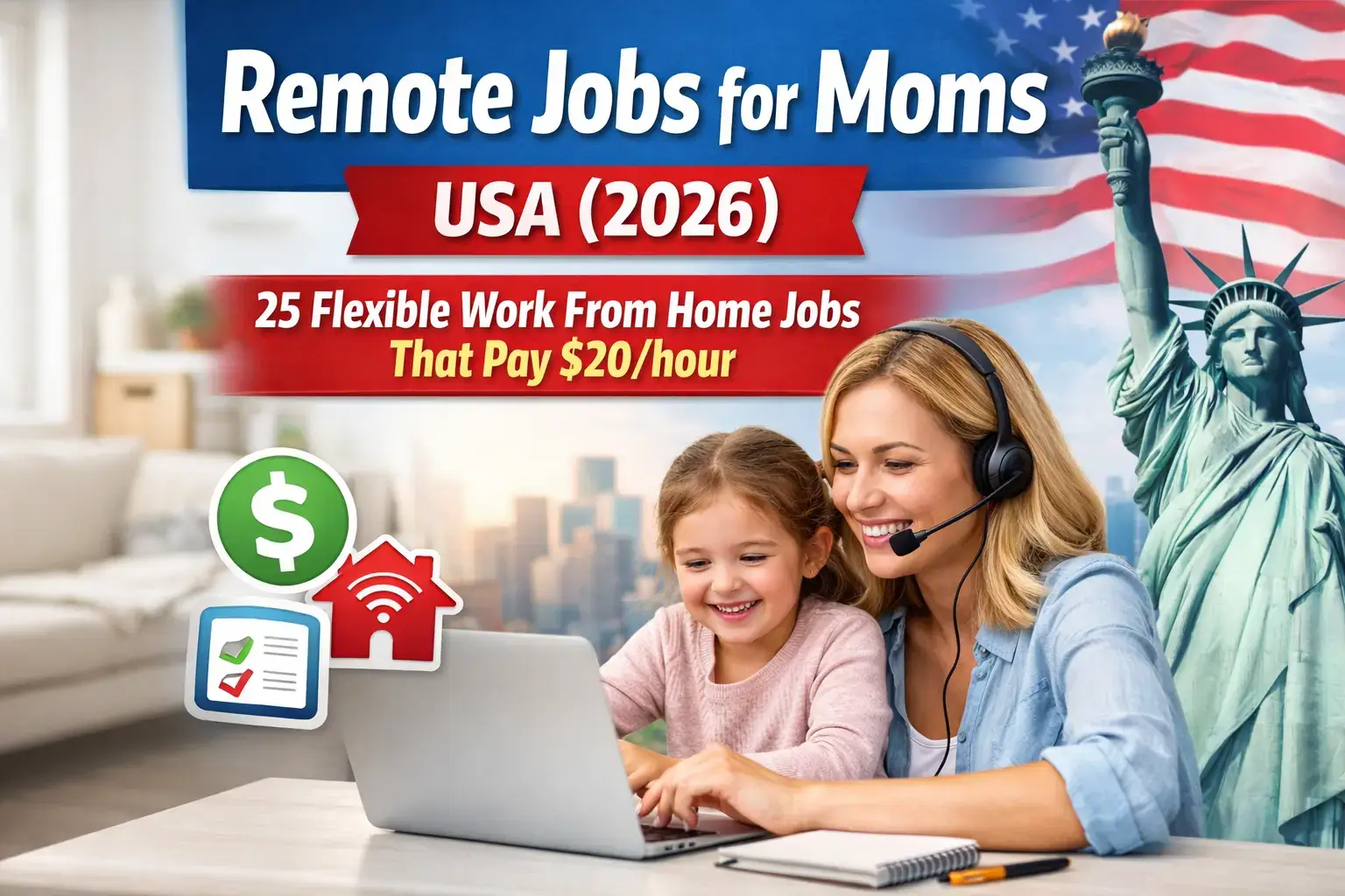 Remote jobs for moms USA 2026 showing a mother working from home with her child on a laptop