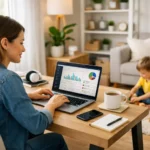 work from home jobs for moms USA mother working remotely from home with child nearby