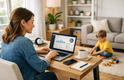 work from home jobs for moms USA mother working remotely from home with child nearby