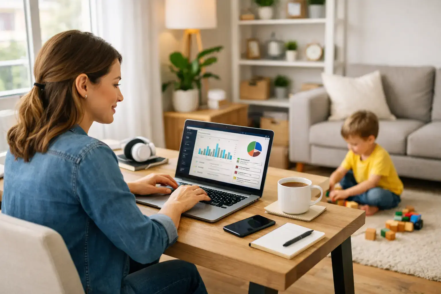 work from home jobs for moms USA mother working remotely from home with child nearby