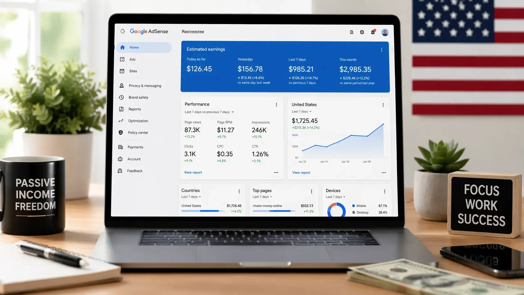 make money with AdSense USA income dashboard earnings example