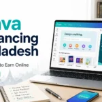 Canva freelancing Bangladesh beginner guide showing a laptop, design dashboard, Bangladesh flag, and online earning workspace
