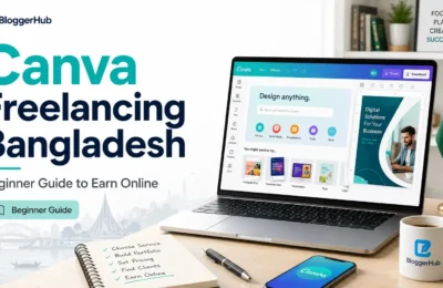 Canva freelancing Bangladesh beginner guide showing a laptop, design dashboard, Bangladesh flag, and online earning workspace