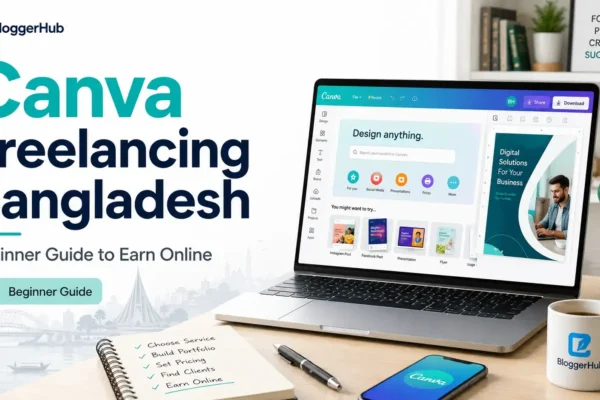 Canva freelancing Bangladesh beginner guide showing a laptop, design dashboard, Bangladesh flag, and online earning workspace