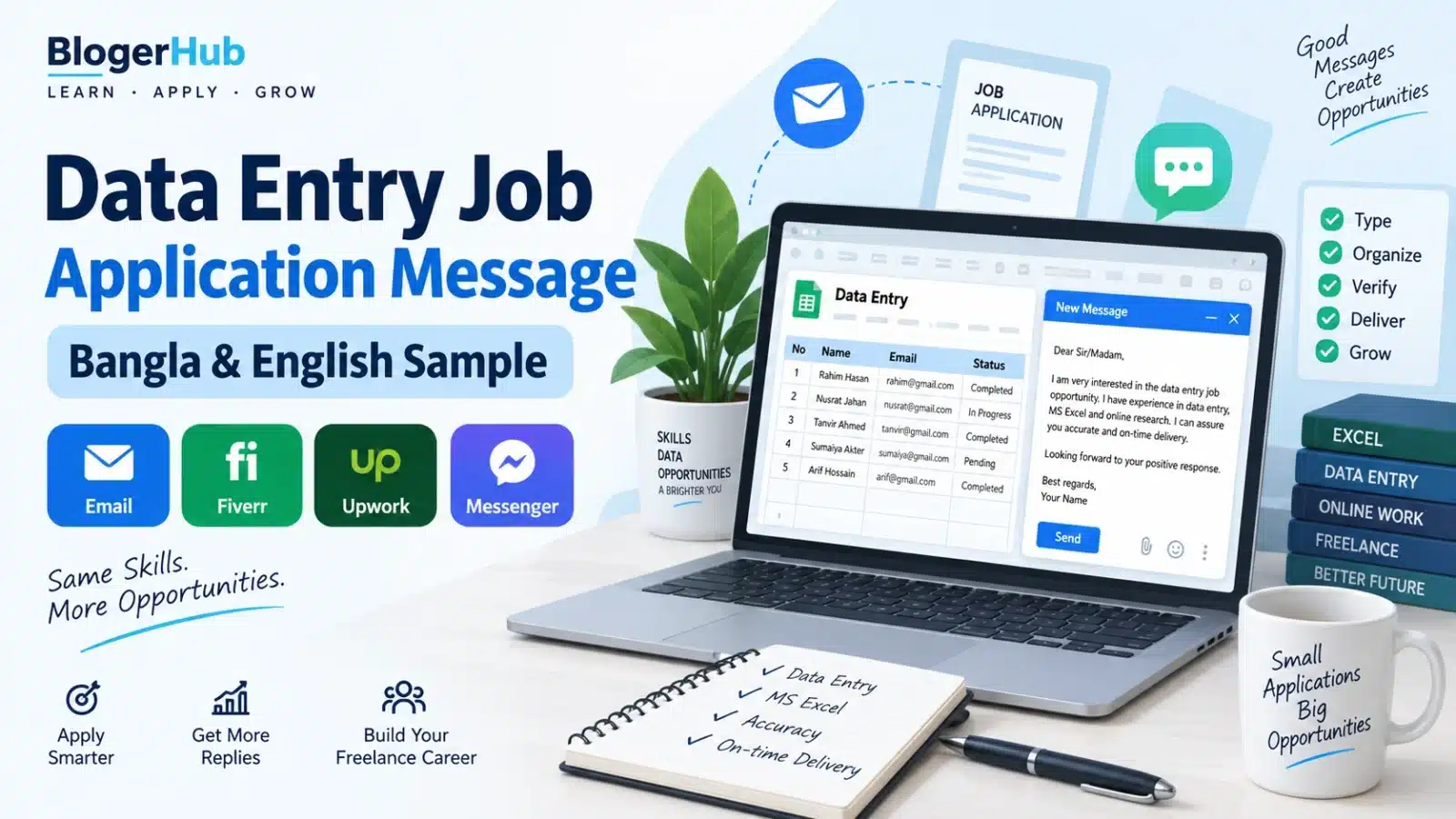 Data entry job application message in Bangla and English for beginners