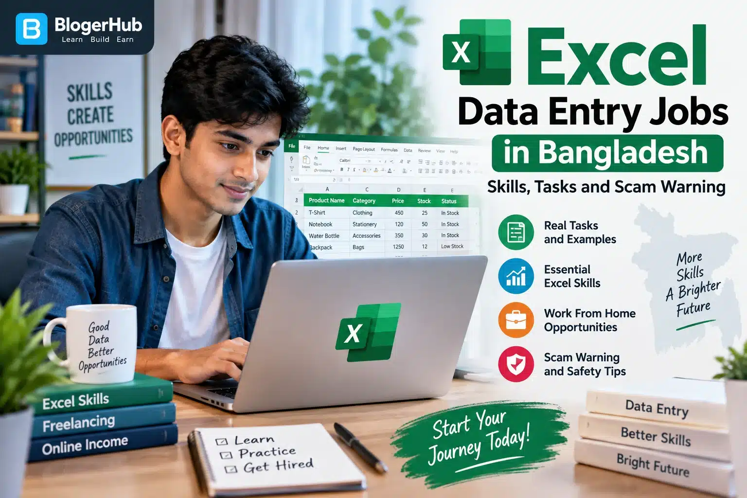 Bangladeshi beginner working on Excel data entry tasks from home