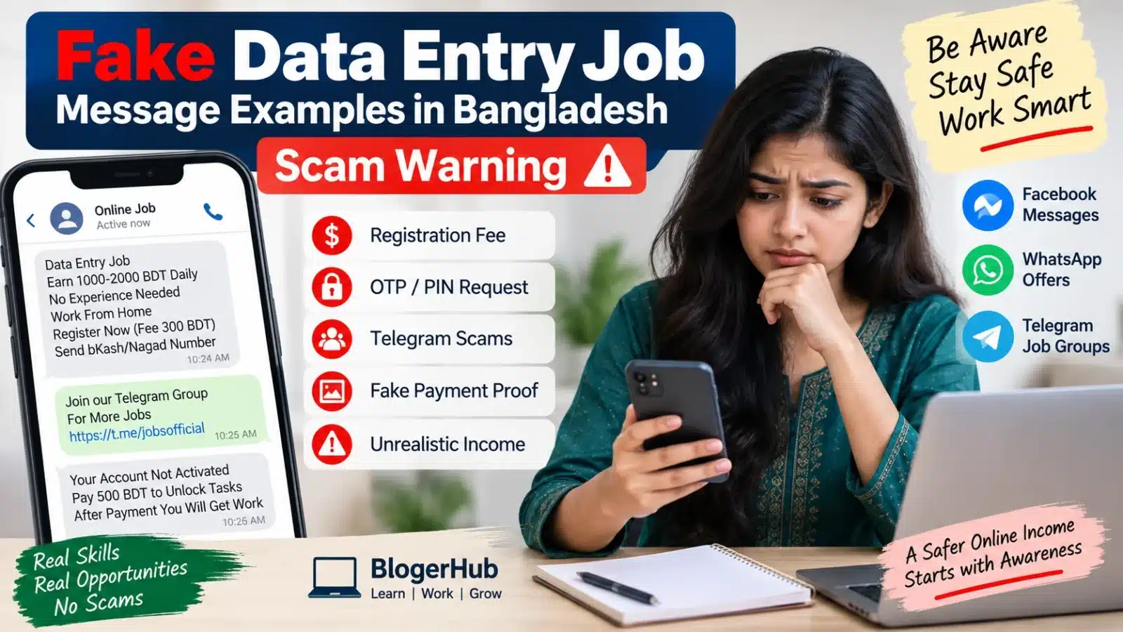 Fake data entry job message examples in Bangladesh with scam warning signs