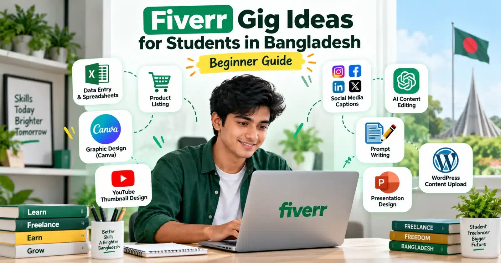 Bangladeshi student exploring Fiverr gig ideas including data entry, Canva design, AI content editing and WordPress