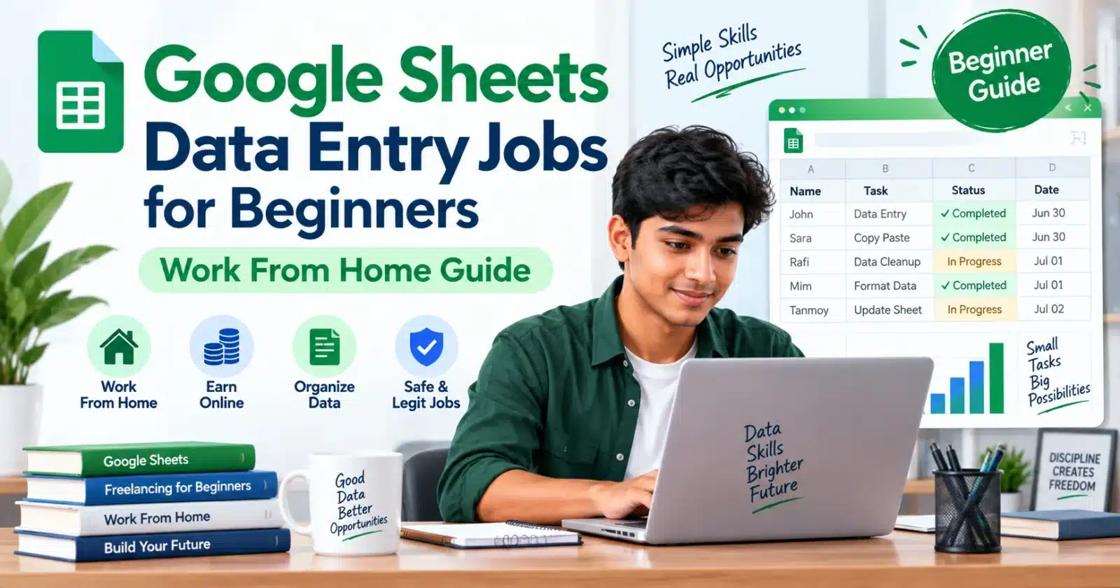 Bangladeshi beginner working on Google Sheets data entry jobs from home