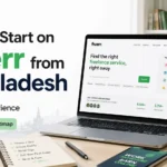 How to start on Fiverr from Bangladesh with no experience beginner roadmap showing laptop, Fiverr dashboard, Bangladesh flag, and freelancing workspace