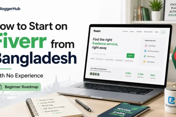 How to start on Fiverr from Bangladesh with no experience beginner roadmap showing laptop, Fiverr dashboard, Bangladesh flag, and freelancing workspace