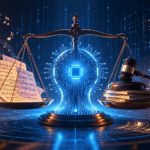 Editorial illustration of an AI music copyright lawsuit
