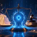 Editorial illustration of an AI music copyright lawsuit