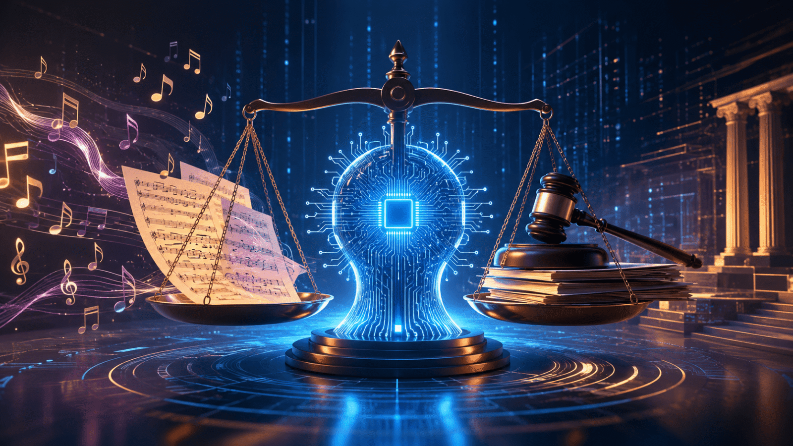 Editorial illustration of an AI music copyright lawsuit
