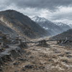 Editorial illustration of destructive flooding in a Himalayan border valley