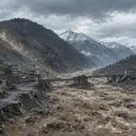 Editorial illustration of destructive flooding in a Himalayan border valley